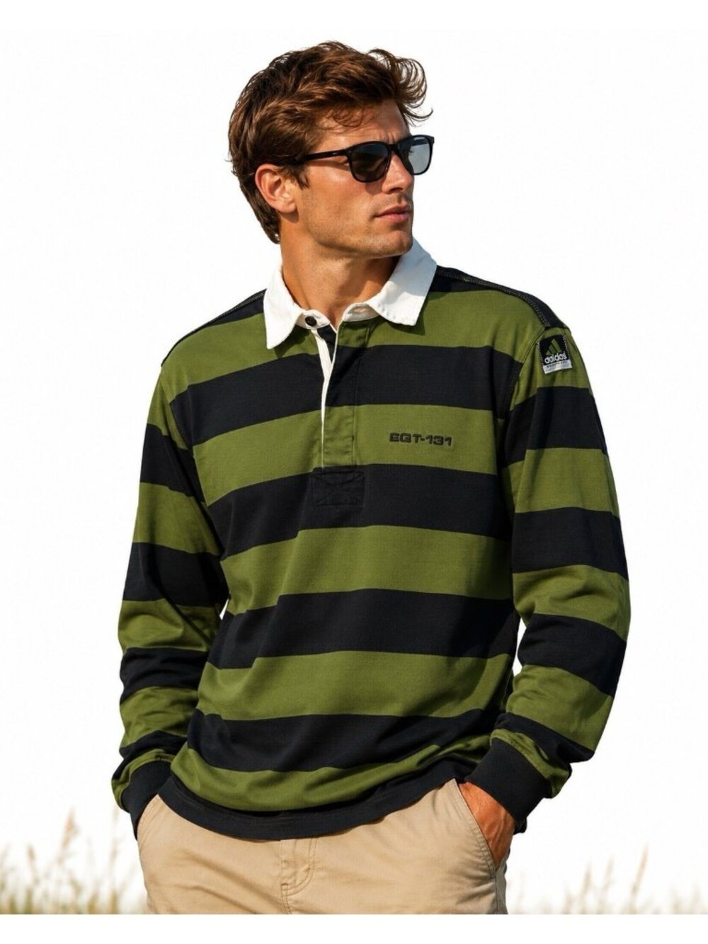 Y2K ADIDAS EQUIPMENT EQT-131 rugby shirt XL green navy striped polo retro